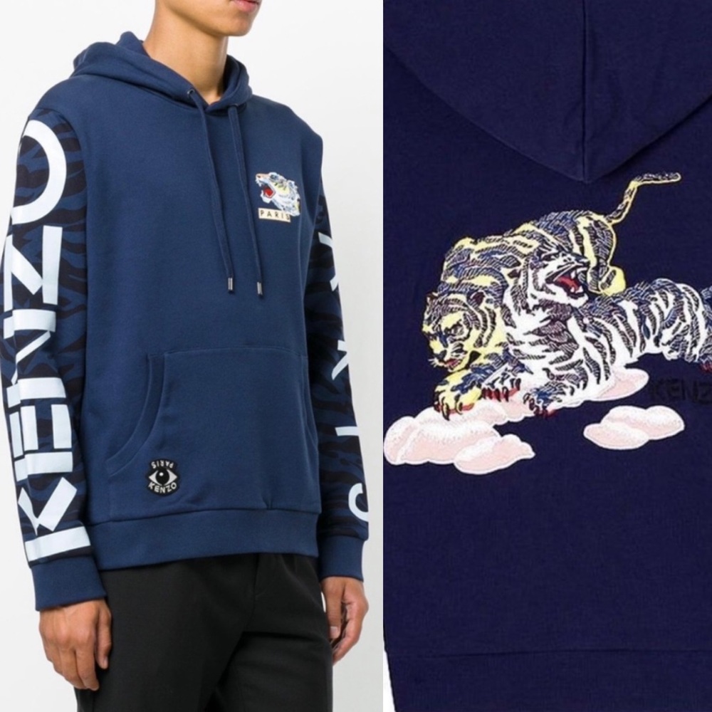 Kenzo Paris Vintage Navy Pullover Logo Hoodie Sweatshirt Embroidered Tigers XL